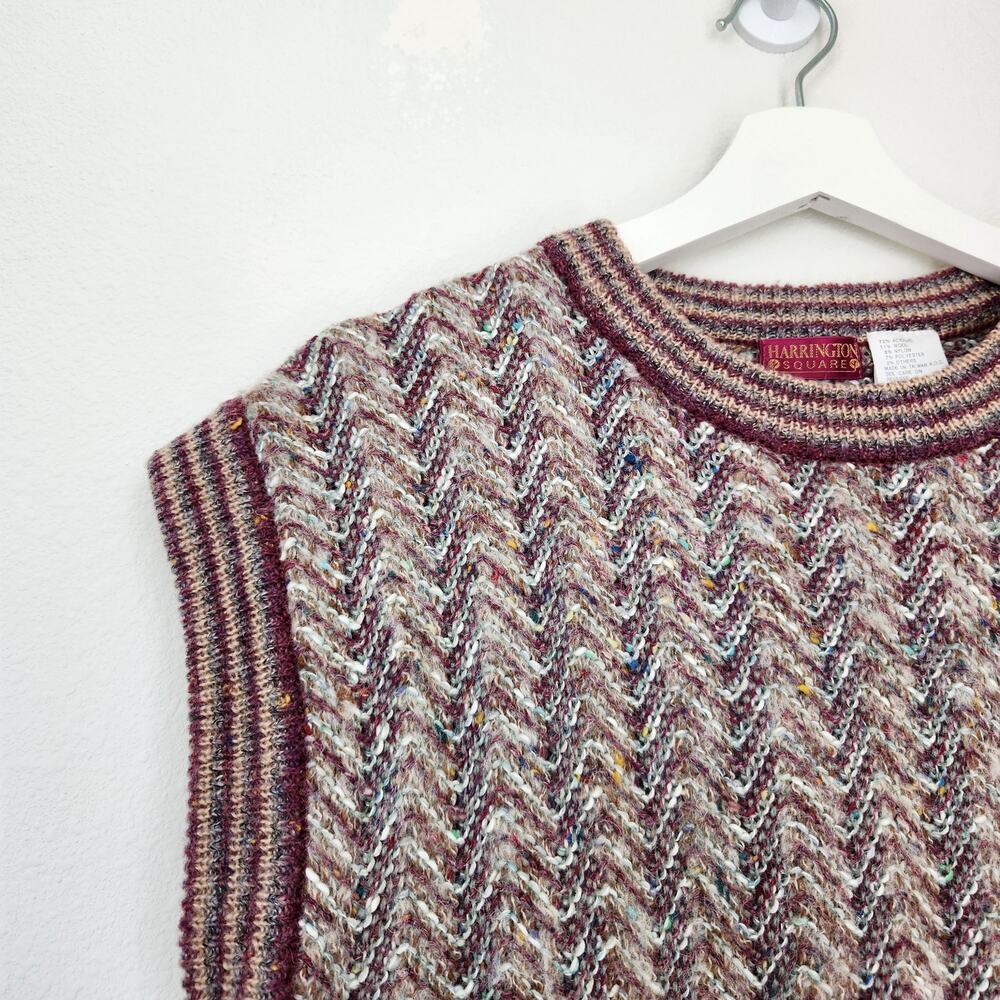 80s Vintage Knit Sweater Vest Wool Maroon Multicolor Chevron Academia 90s M - Picture 2 of 8